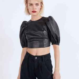 Faux leather blouse with voluminous sleeves